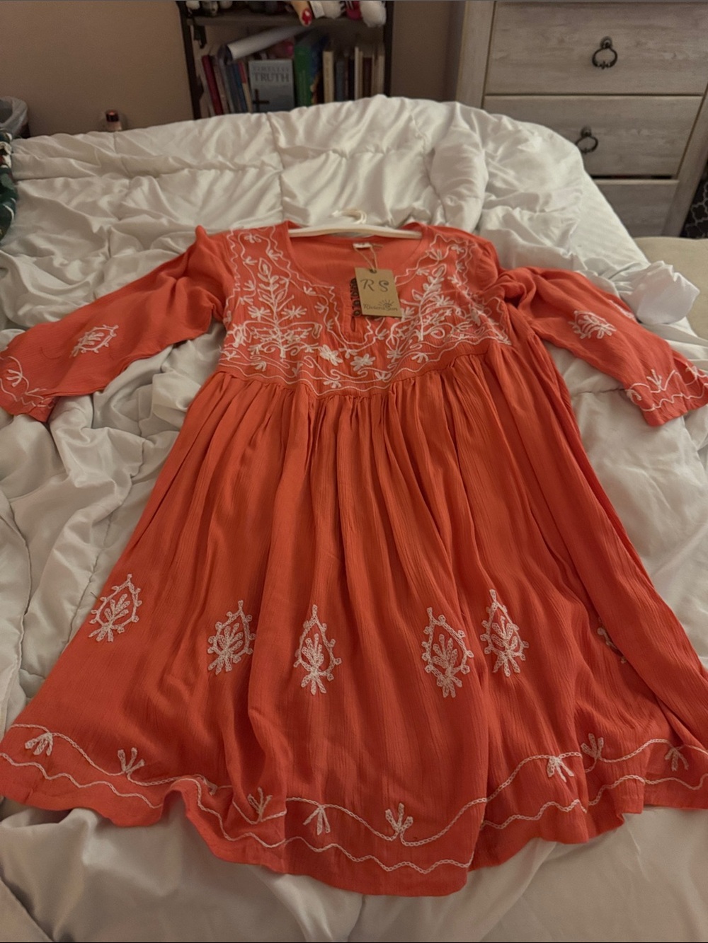 Riviera Sun Orange Embroidered Boho Dress M